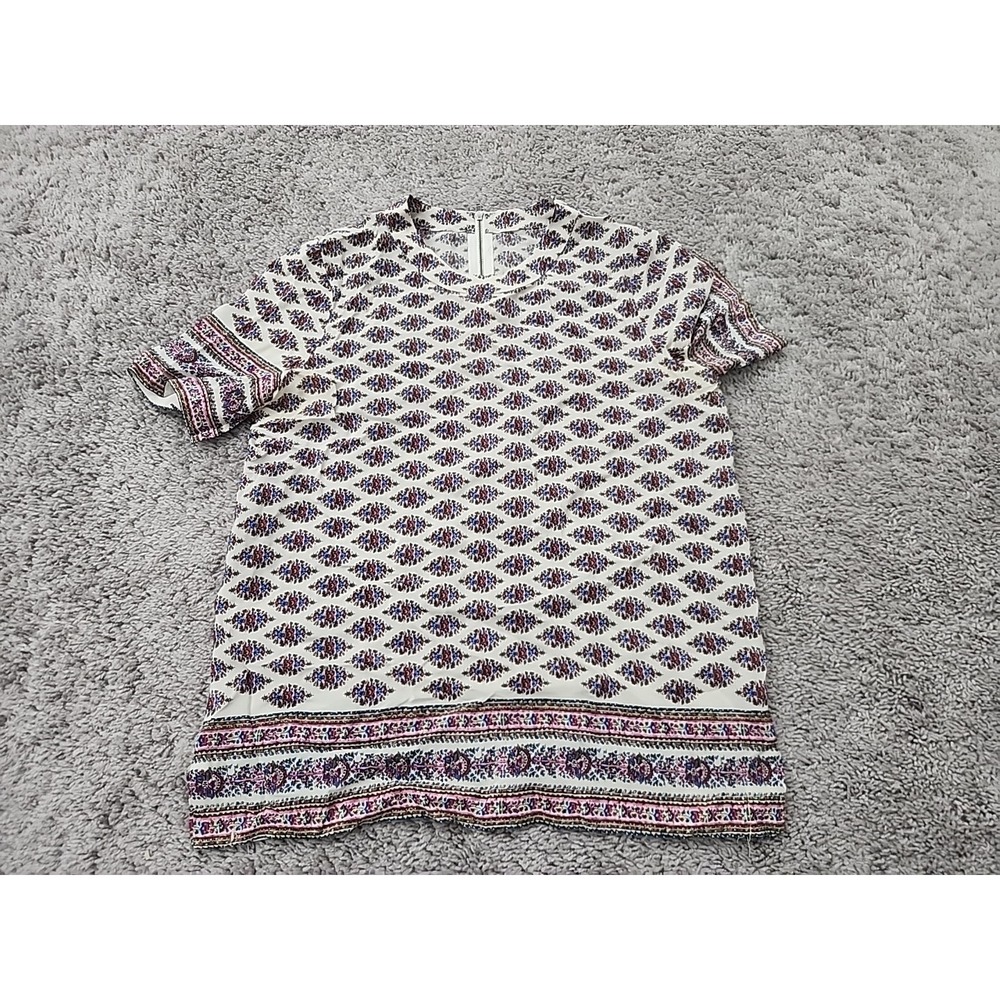 J Crew Silk Blouse Womens M Diamond Floral Short Sleeve Back Zip Boho Ethnic